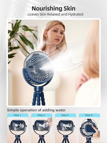 Image of Misting Stroller Fan, 6000mAh Battery Operated Portable Fan with Light & 360 Pivoting, Personal Cooling Fans with Flexible Tripod for Baby, Office, Travel,Treadmill,Outdoors (Dark Blue)