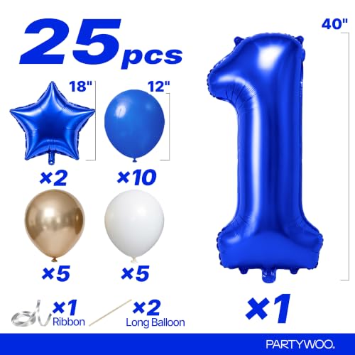 Image of PartyWoo Royal Blue Number 1 Balloon 40 Inch 25pcs Blue Star White Gold