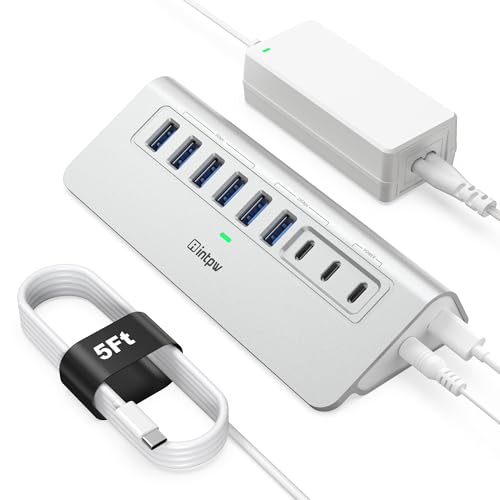 Image of Powered USB Hub 10Gbps, intpw YH6AC 9-Port USB 3.2 /USB C Hub with USB A /USB C 3.2, 4 USB 3.0, 2 PD 45W Charging Port, 65W Power Adapter + 5FT Cable, Aluminum USB Hub for PC, iPhone 17 /16 /15 /Laptop
