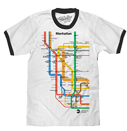 Tee Luv Manhattan NYC Ringer Tee Shirt - MTA Metro Subway Map Shirt (White/Black) (L)