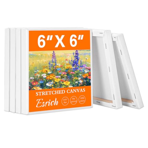 ESRICH Small Stretched Canvas for Painting 6x6 inch 2/5Profile Art Primed 6 Pack Canvases for Painting Cotton Small Professional Blank Paint Canvas for Kids and Art Supplies for Acrylics Oils.