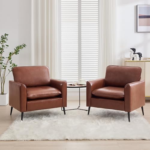 TYBOATLE Accent Chairs Set of 2, Faux Leather Chairs, Comfy Living Room Chairs, Cozy Office Reading Chair, Mid Century Modern Sofa Chairs, Armchairs for Office, Bedroom (Brown)