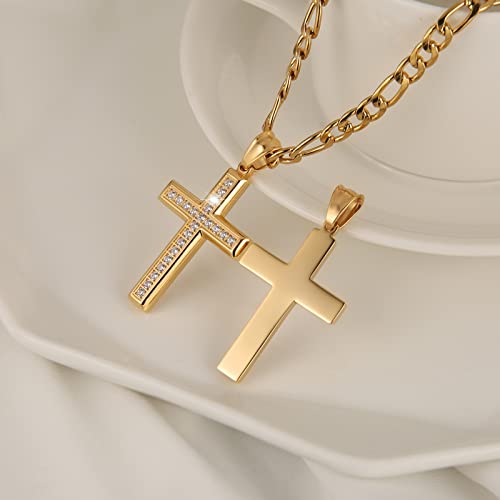 HZMAN 24K Gold-Plated Solid CZ Cross Necklace for Men Women Stainless Steel Religion Jewelry with 24 Inch Figaro Chain3