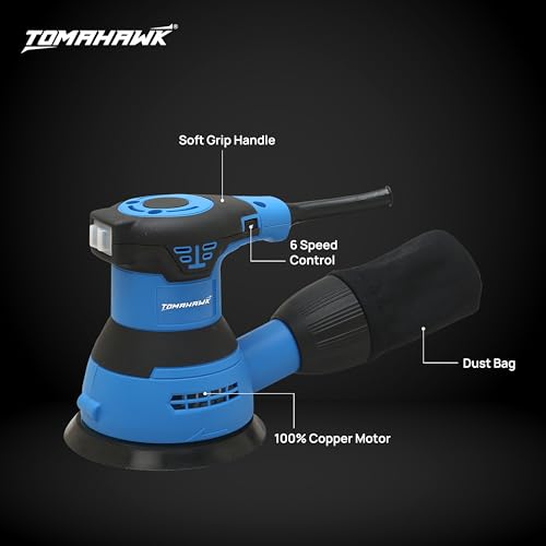 Image of TOMAHAWK TFS-3700 350W Random Orbital Sander 125mm (5 Inch) Sanding Pad | 6 Variable Speed (8000-12000 RPM) | Lightweight 1.5kg | 2m Power Cord | Wood, Metal & DIY Polishing Tool
