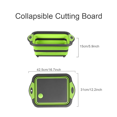 Camping Collapsible Cutting Board Dish Basin BBQ Prep Tub Camp Sink Dish Washing Station Multifunctional Storage Basket(Grey green)