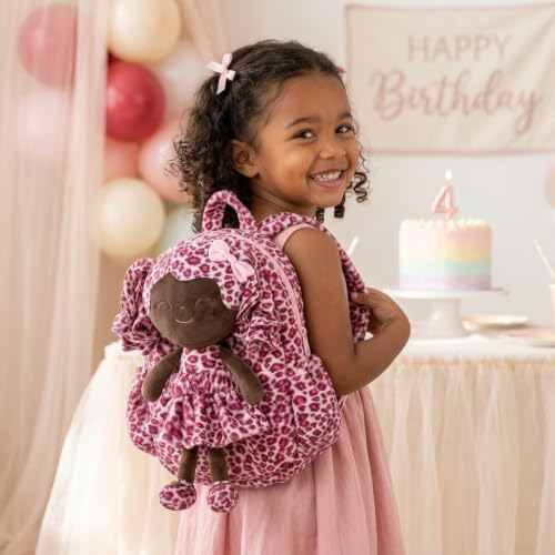 Image of Gloveleya Toddler Backpack Baby Girl Gifts Curly Hair Plush Doll Dress Backpack Kids Backpack Curly Hair Animal Edition - Pink Leopard 11''