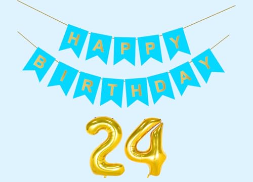 Image of 24th Sky Blue Happy Birthday Decoration Kit for 24 year Old Boys Girls Women with Number Twenty-four Party Decorations Decor Celebration Items Item Set Combo Reusable Paper Banner