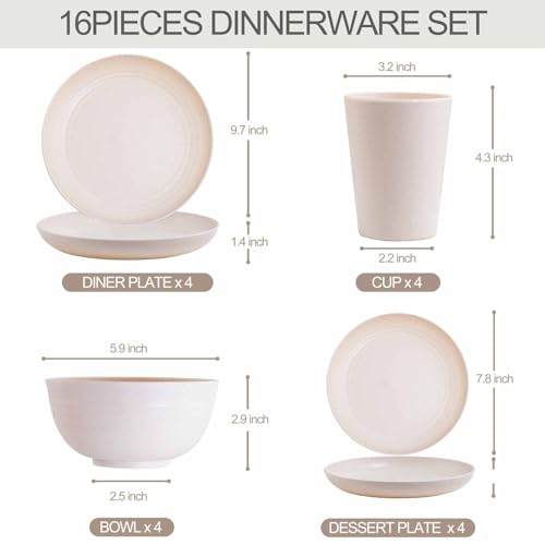Rubtlamp Wheat Straw Dinnerware Sets, 16PCS Plastic Dinnerware Set for 4, Wheat Straw Plates and Bowls Sets, Unbreakable Dinnerware Plastic Microwave Safe Dishes Set for Kitchen&Camping - Image 3
