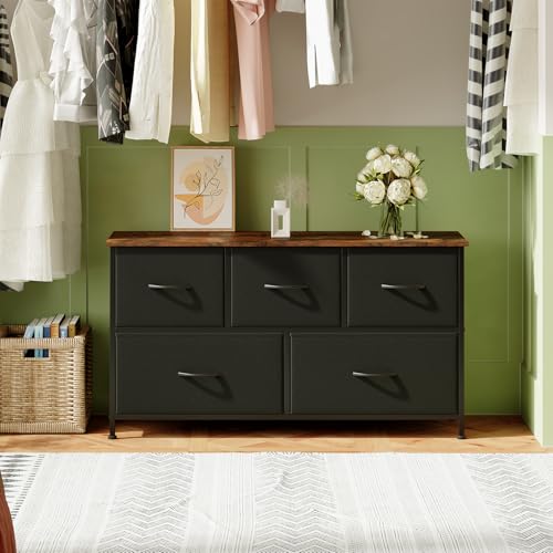 Somdot Dresser for Bedroom with 5 Drawers, Wide Storage Organizer Chest of Drawers with Fabric Bins for Living Room Closet Kids Bedside Nursery Laundry Entryway, Black Rustic Brown - Image 6