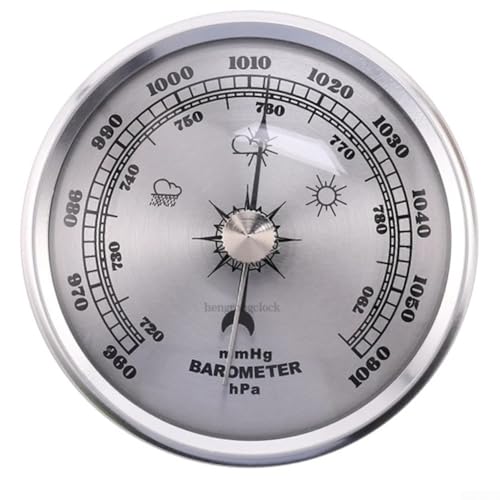 SiSinkal - Mechanische Barometer-Uhr mit Metallrahmen, mit Manometer, für Innenwettervorhersage, dekorative Wandhalterung für Zuhause oder Büro (Silber)