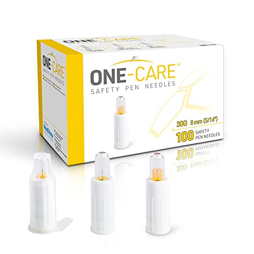 MediVena ONE-CARE Safety Pen Needles, 30G, 8mm, Box of 100, Safe Insulin Injection, Compatible with Most Pen injectors