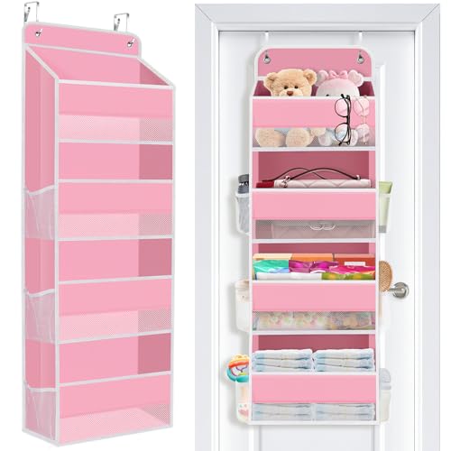 Image of SpaceWhisper Over the Door Organizer, 4 Large Pocket Hanging Storage Organizer with 40lb Capacity, Space Saving for Nursery, Bathroom, Bedroom, Closet - Baby Essentials & Toiletry Organizer (Pink)