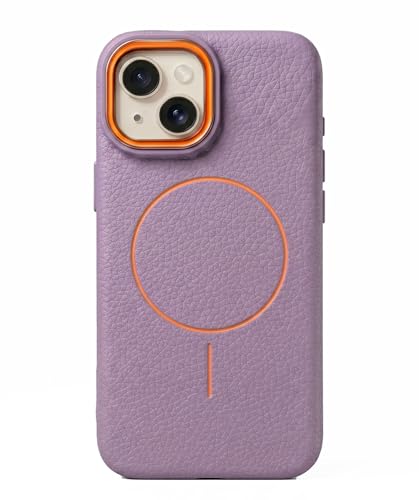 Image of amazon basics Luxury MagSafe Compatible Leather Texture Back Cover for iPhone 13 | Raised Camera Protection | Slim Fit Shockproof Case with Metallic Accents (Purple)