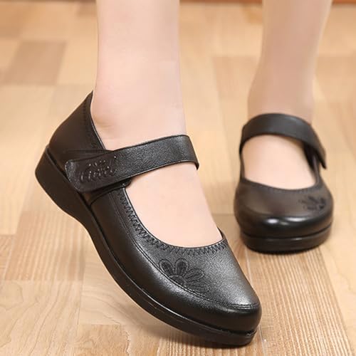 Women's Genuine Leather Mary Jane Flats Comfy Round Toe Adjustable Hook and Loop Soft Bottom Ballets Lightweight Non-Slip Mom Walking Shoes4