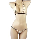 SS Queen Women Sexy Pearl Halter Lingerie Set G-String Thong Bikini (Black)