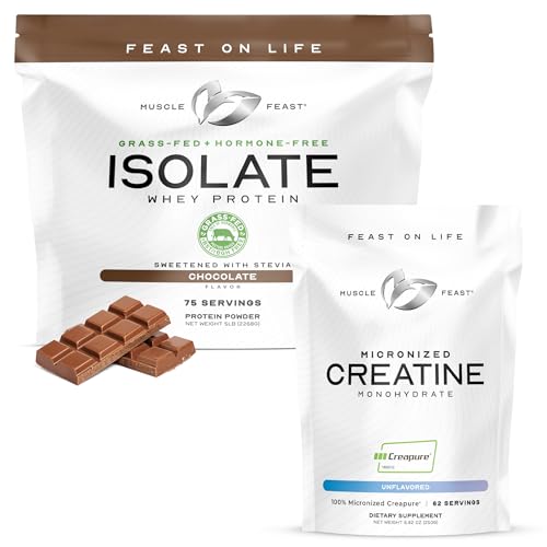 Muscle Feast Micronized Creapure Creatine Monohydrate - Unflavored 250g (x1) and Isolate Whey Protein Powder - Chocolate 5lb (x1) - Muscle Recovery and Performa