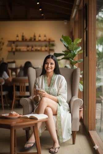 Image of Hand Block Print 100% Cotton Waffle Fabric White Bathrobe For Women's Ultra-Soft & Lightweight After Bath Spa Bathrobe | Highly Absorbent Green