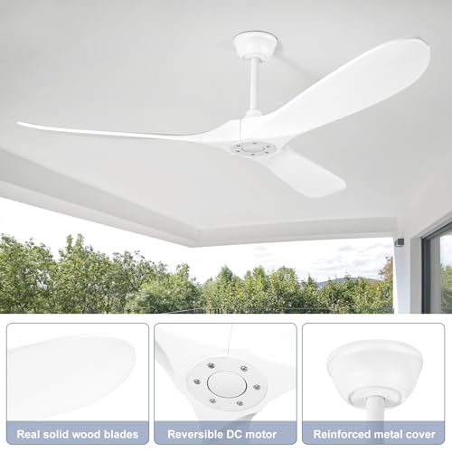 Image of Solid Wood Ceiling Fans no Light,60'' White Ceiling Fan with Remote Control,DC Motor with Large Airflow,Indoor and Outdoor Ceiling Fan for Living Room,Bedroom,Patios