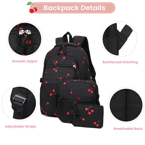 Image of Coquette Cherry Backpack - Cute Kawaii Backpack Set Aesthetic Daypack Cute Rucksack (C02 Cherry Black)