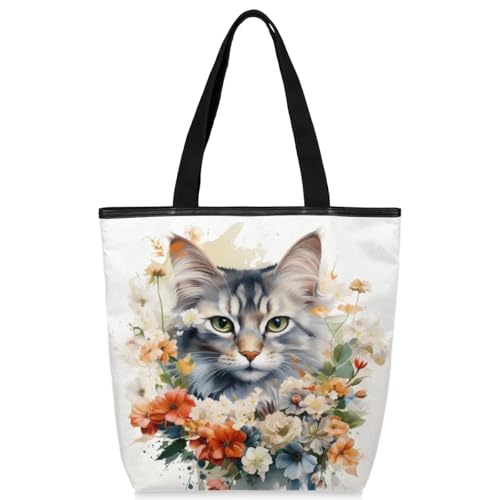 Mularoka Watercolour Cat Wreath Canvas Tote Bag with Zipper and Pockets Canvas Tote Shopping Bag Women Reusable Grocery Bag for Beach Travel Gym Shopping