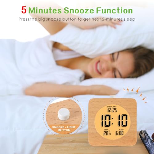 Plumeet EM-8049-SQ Wooden Digital Alarm Clock For Bedrooms, Wood 4'' Battery Powered Alarm Clock With Snooze And Nightlight, Electronic Lcd Desk Clock Display Time thumb #2