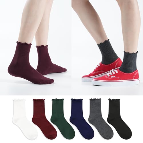 Kikiya Women's Mid-Calf Ruffle Crew Socks - 4/6 Pair Soft Cotton Colorful Casual Dress Socks - Boot Trouser Uniform Size 6-82