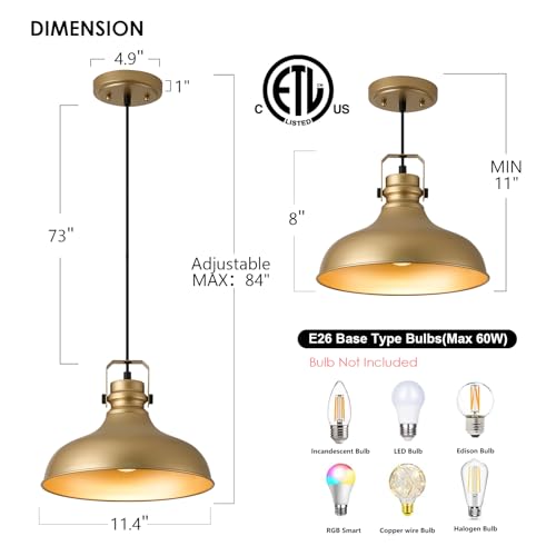 Image of Gold Modern Pendant Lights Kitchen Island Fixtures | ETL Certificate,Industrial Adjustable Height Vintage Dome Hanging Light Fixtures for Barn,Dining Room 3 Pack
