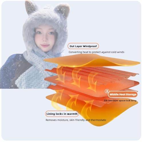 Cute Fox Ears 2 in 1 Hat and Scarf, Plush Cap Ear Protection One Piece Set, Winter Warm Hat Scarf for woman4