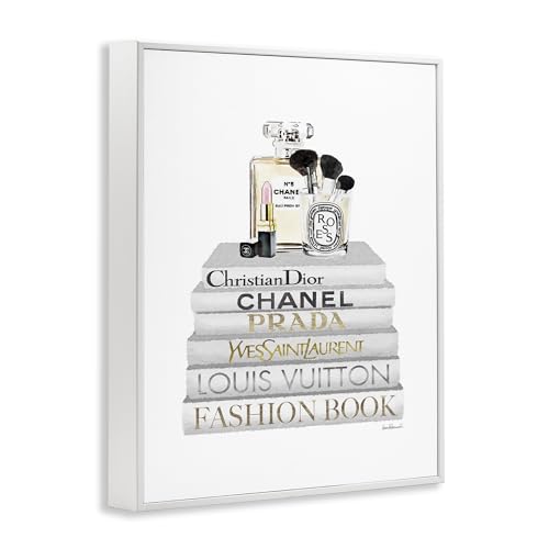 Image of 'Bookstack with Makeup Accessories'| Framed Giclee Art | Stupell Industries | White, 16 x 20 Inches, Easy to Hang and Sturdy, Made in USA, by Amanda Greenwood
