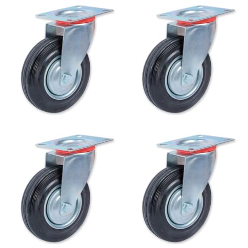 Tradineur - Pack de 4 ruedas giratorias para muebles, goma y hierro, incluyen placa de montaje, rueda de transporte para cargas pesadas, industrial, peso máx. 100 kg, Ø 125 mm