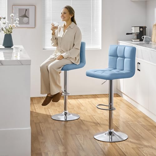 Image of Yaheetech Bar Stools Set of 2, Adjustable PU Leather Swivel Barstools, Modern Counter Stools with Back and Footrest, Counter Height Barstools for Bar, Kitchen, Dining Room, Blue