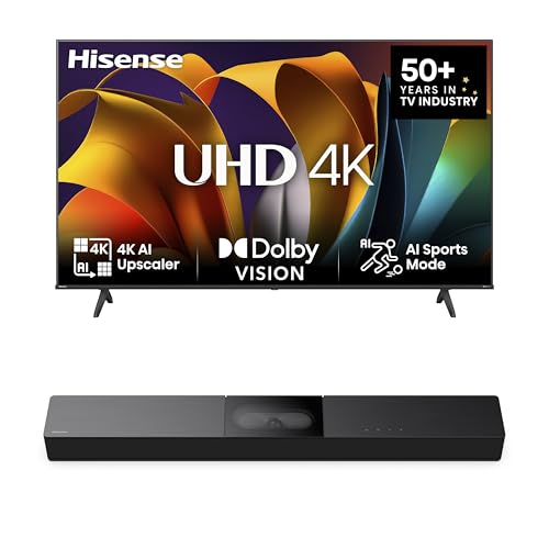 Hisense Bundle 65E6NT 164cm (65 Zoll) Fernseher, 4K UHD Smart TV, HDR, Dolby Vision, 60Hz [2024] HS2000 2.1 Kanal Soundbar, integrierter Subwoofer, 240W, Dolby Audio, Bluetooth, HDMI ARC