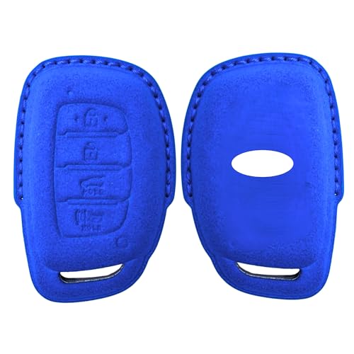 Image of KMH Alcantara Car Key Cover Compatible with Hyundai Alcazar Creta 2022 Venue i20 Tucson Elantra Smart keycover with Keychain 4 Button Shell Case Key Protector Smart Keycover (D2) Blue - Pack of 1