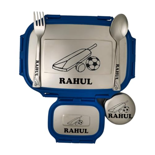 Image of ncgifts Personalized Tiffin | Customized Lunch Box | Personalized Stainless Steel Tiffin Box | Your Child's Name and Favourite Character Engraved | for Scholl Students (Dark Blue)