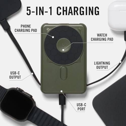 Image of Ridge Magnetic Power Bank Battery Pack 10,000mAh - Fast Charging, Compatible with MagSafe - Portable Charger Powerbank - with Built in Cables, Wireless Charging & Magnetic Attachment (Matte Olive)