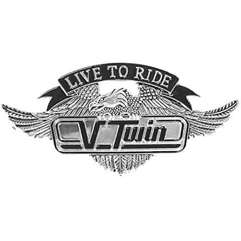 4.25" X 2.25" inch V Twin Vtwin Live to Ride Eagle USA Metal Medallion Harley Sportster Sissy Bar Backrest Davidson Bobber Chopper Emblem Logo Stick On 3M Decal Sticker Biker Motorcycle Pewter Chrome Cover