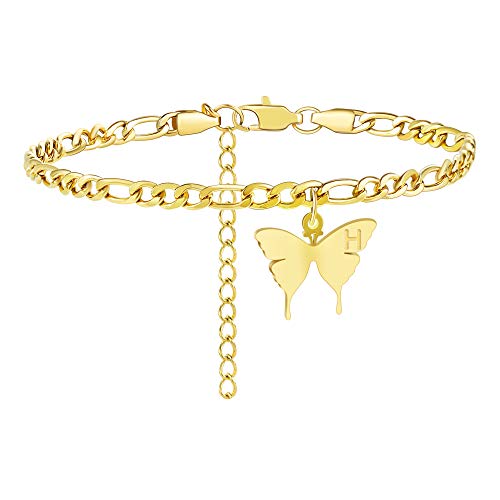 TONY & SANDY Initial Ankle Bracelets for Women Figaro Chain Butterfly Gold Anklet Waterproof Adjustable Summer Beach Foot Jewelry Personalized Gifts for Women Presents, H -  TITAIN LLC, Ankle Bracelet-08