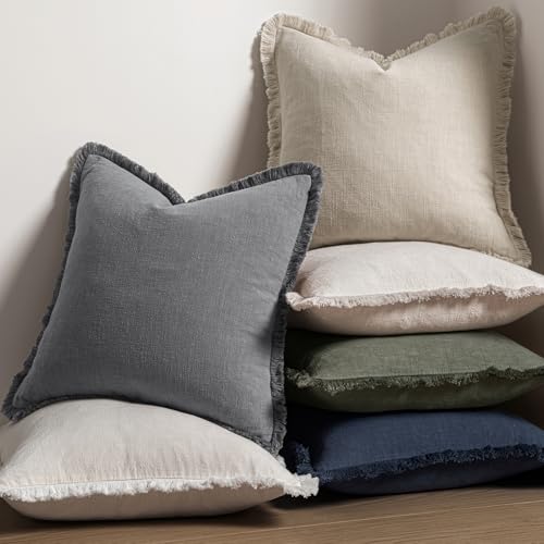 Image of MIULEE Decorative Throw Pillow Covers Neutral Linen Fringe Throw Pillows Set of 2 Grey Boho Farmhouse Cushion Covers with Tassels for Couch Sofa Bed Living Room Spring Decor 18x18 Inch