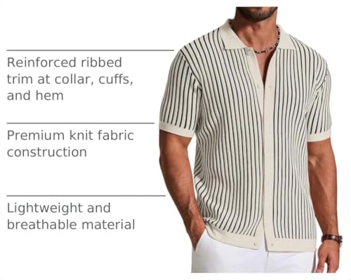 Image of COOFANDY Mens Knit Button Down Shirts Short Sleeve Polo Shirt Vintage Striped Casual Shirts