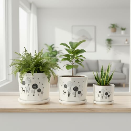 Image of Xtore Charming Ceramic Planter Pots Set of 3 with Drainage Tray | Minimalist Printed Flower & Deer Plant Holders for Home, Balcony & Office Decor (White - Planters Only)