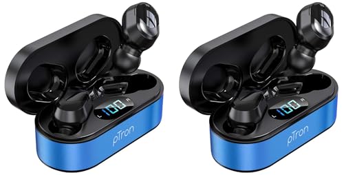 Image of pTron Bassbuds Plus in Ear True Wireless Stereo Earbuds with Mic, Deep Bass Bluetooth Headphones, Voice Assistance, IPX4 Sweat & Water Resistant TWS, 12Hrs Battery & Fast Charge (Blue & Black)