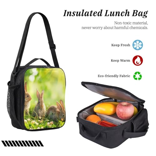 Sac à dos scolaire lapins amusants noir avec sac repas pour la cantine et sortie