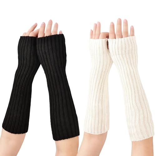 Yxelydriail 2 Pairs Women Arm Warmers Knitted Wrist Long Sleeve Fingerless Winter Wrist Warmers with Thumb Hole for Women Girls (Black+White)