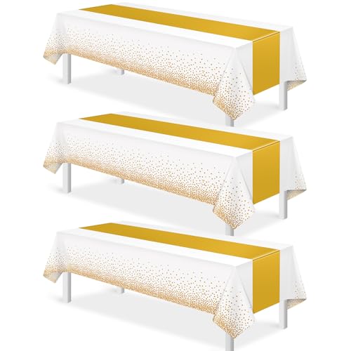 Image of 3Pcs White and Gold Tablecloth Party Decorations,Plastic White Table Cloth Printed Gold Table Runner Disposable Rectangle Table Cover for Birthday Wedding Anniversary Graduation Party,54 x108 Inch