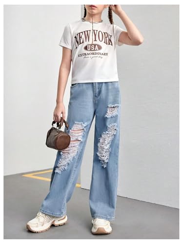 WDIRARA Girl's Ripped Baggy Jeans Elastic Waist Y2k Straight Leg Denim Pants3