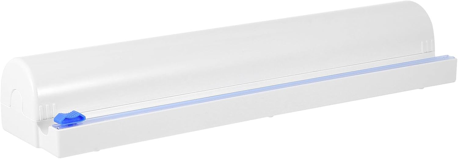 Kitchen Cling Film Cutter and Storage Rack Adjustable Plastic Wrap Cutting Box White for Home Use Cling Wrap Holder Dispenser with Cutter for Kitchen Organization