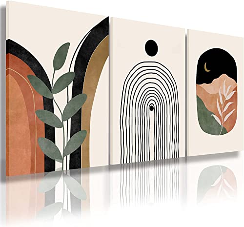 Boho Wall Art Set of 3, Mid Century Modern Canvas Wall Painting, Neutral Abstract Geometric Prints for Bedroom, Bathroom, Living Room, Office