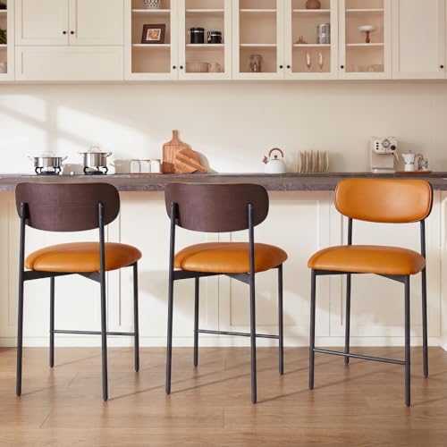 Image of GrandNoor Modern Bar Stools Set of 3, 24 Inch Upholstered Brown Faux Leather Counter Height Stools with Curved Backrest & Metal Legs, Wood Grain Back Bar Chairs for Kitchen Island