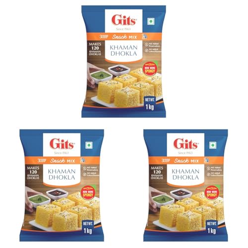 Image of Gits Instant Khaman Dhokla Snack Mix, Makes 120 Khaman Dhoklas, Pure Veg, Indian Snack Mix, 1Kg (Pack of 3)