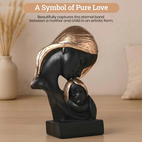 Image of Kuber Industries 4x6 Inch Mother Child Sculpture for House Warming Gift | Resin Mom & Baby Love Idol /Showpiece for Home DecorLiving Room /Desk | Black & Golden